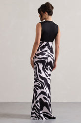 Zebra Print Satin Ruched V-Neck Maxi Dress